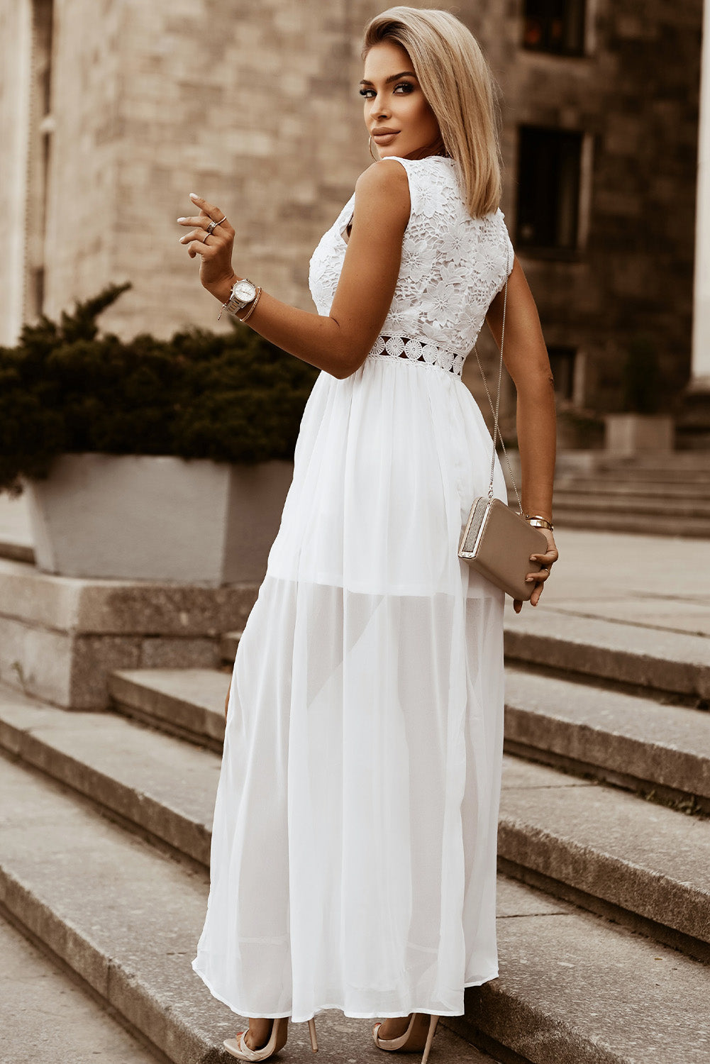 Slit Lace Detail V-Neck Dress-VMA Specialties Boutique