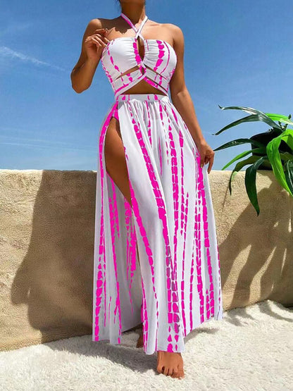 Printed Halter Neck Three-Piece Swim Set-VMA Specialties Boutique