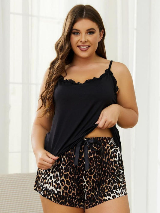 Plus Size Lace Trim Scoop Neck Cami and Printed Shorts Pajama Set-VMA Specialties Boutique