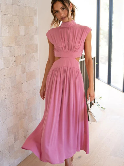 Cutout Mock Neck Sleeveless Ruched Dress-VMA Specialties Boutique