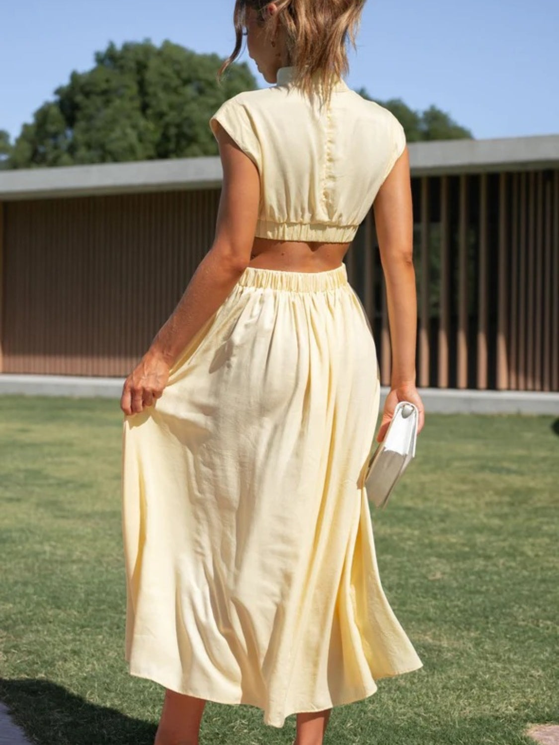 Cutout Mock Neck Sleeveless Ruched Dress-VMA Specialties Boutique