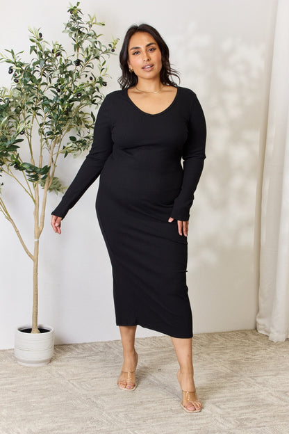 Culture Code Full Size Ribbed Long Sleeve Midi Slit Dress-VMA Specialties Boutique