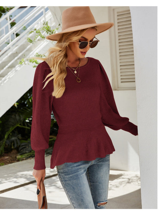 Ribbed Round Neck Lantern Sleeve Sweater-VMA Specialties Boutique