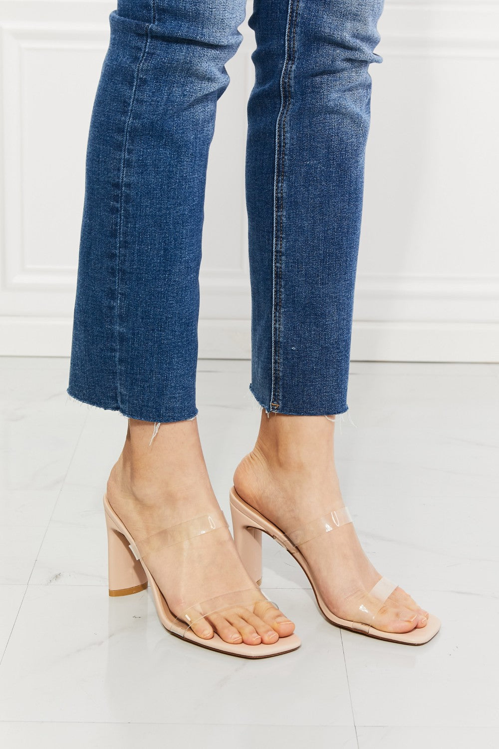 Transparent Double Band Heeled Sandal-Woman Posing 