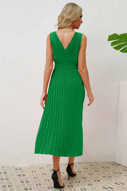 Surplice Sleeveless Midi Pleated Dress-VMA Specialties Boutique