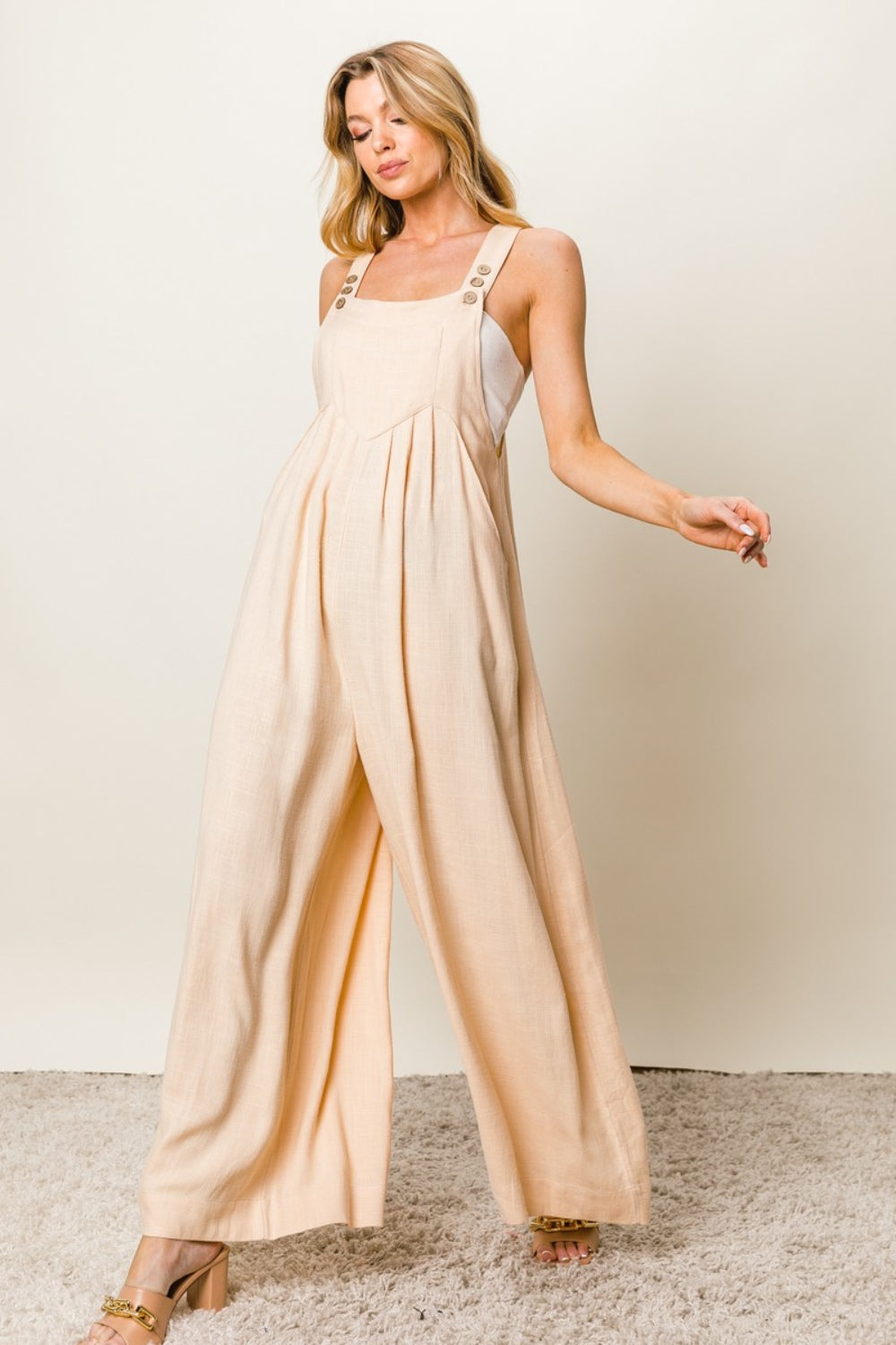 BiBi Texture Sleeveless Wide Leg Jumpsuit-VMA Specialties Boutique