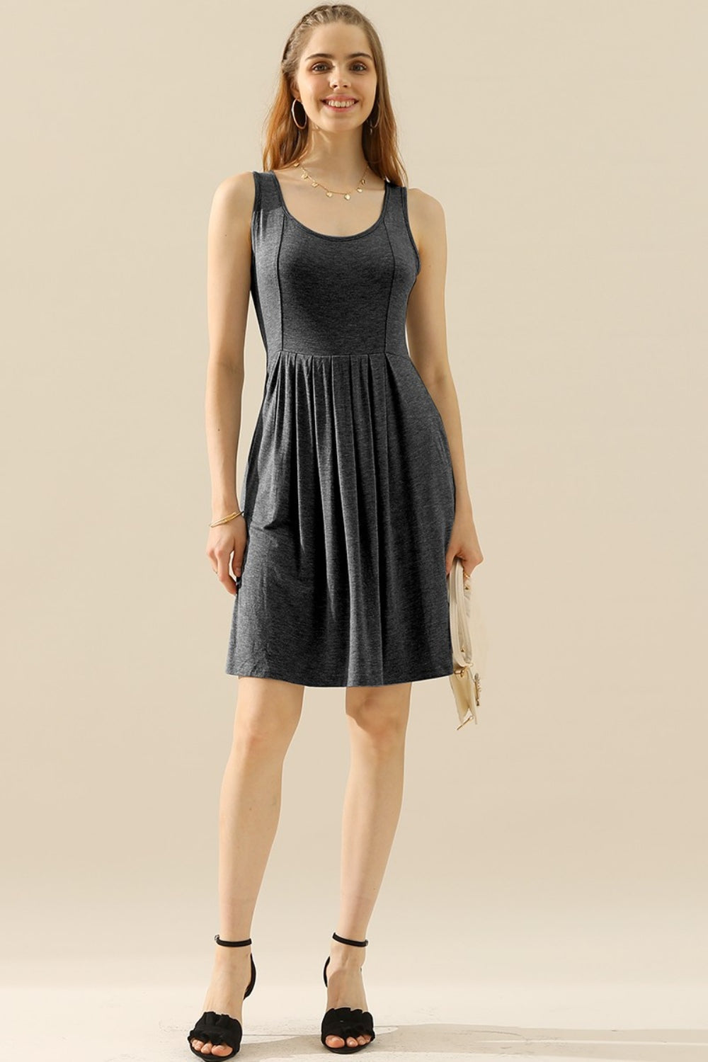 Doublju Full Size Round Neck Ruched Sleeveless Dress with Pockets-VMA Specialties Boutique