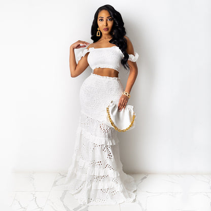 Women's Solid Color Two Piece Wrap Breast Fishtail Mid Waist Lace Dress