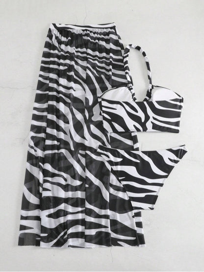 Printed Halter Neck Three-Piece Swim Set-VMA Specialties Boutique