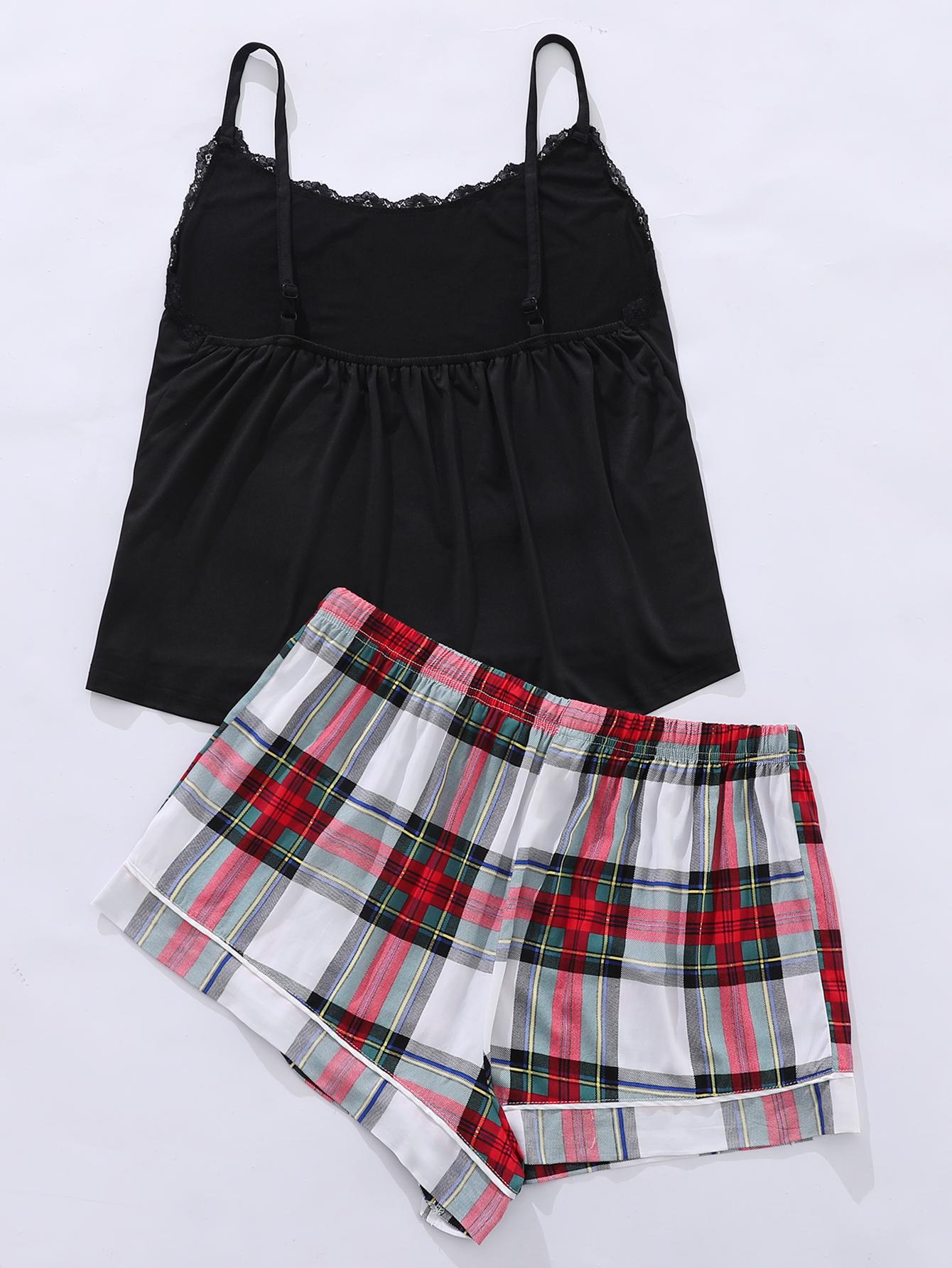 Plus Size Lace Trim Scoop Neck Cami and Printed Shorts Pajama Set-VMA Specialties Boutique