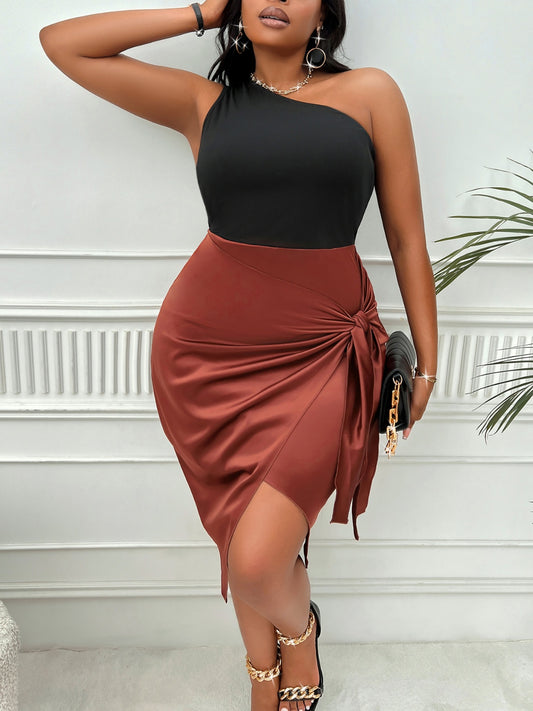 Plus Size One-Shoulder Sleeveless Tied Dress-VMA Specialties Boutique