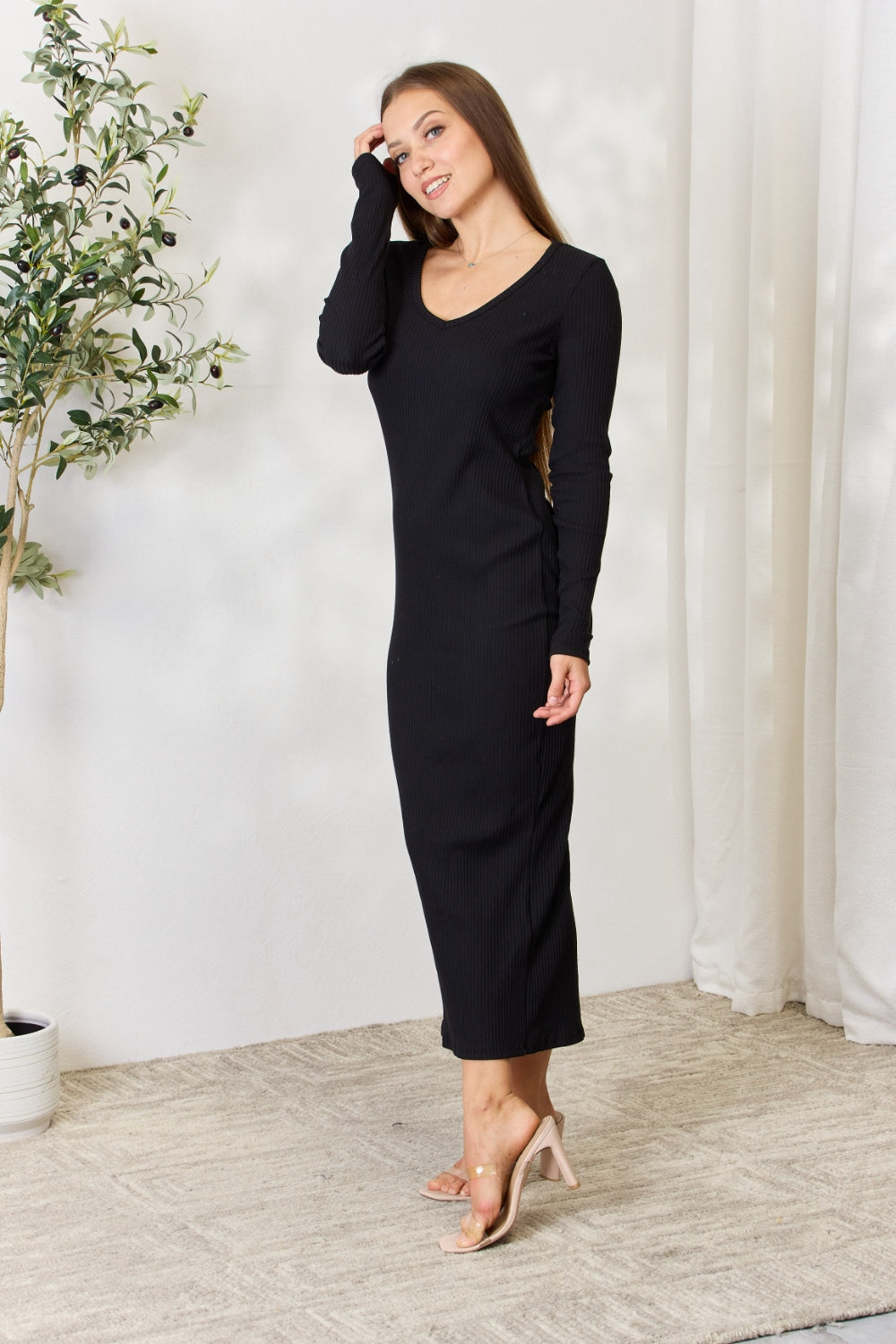 Culture Code Full Size Ribbed Long Sleeve Midi Slit Dress-VMA Specialties Boutique