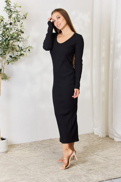 Culture Code Full Size Ribbed Long Sleeve Midi Slit Dress-VMA Specialties Boutique
