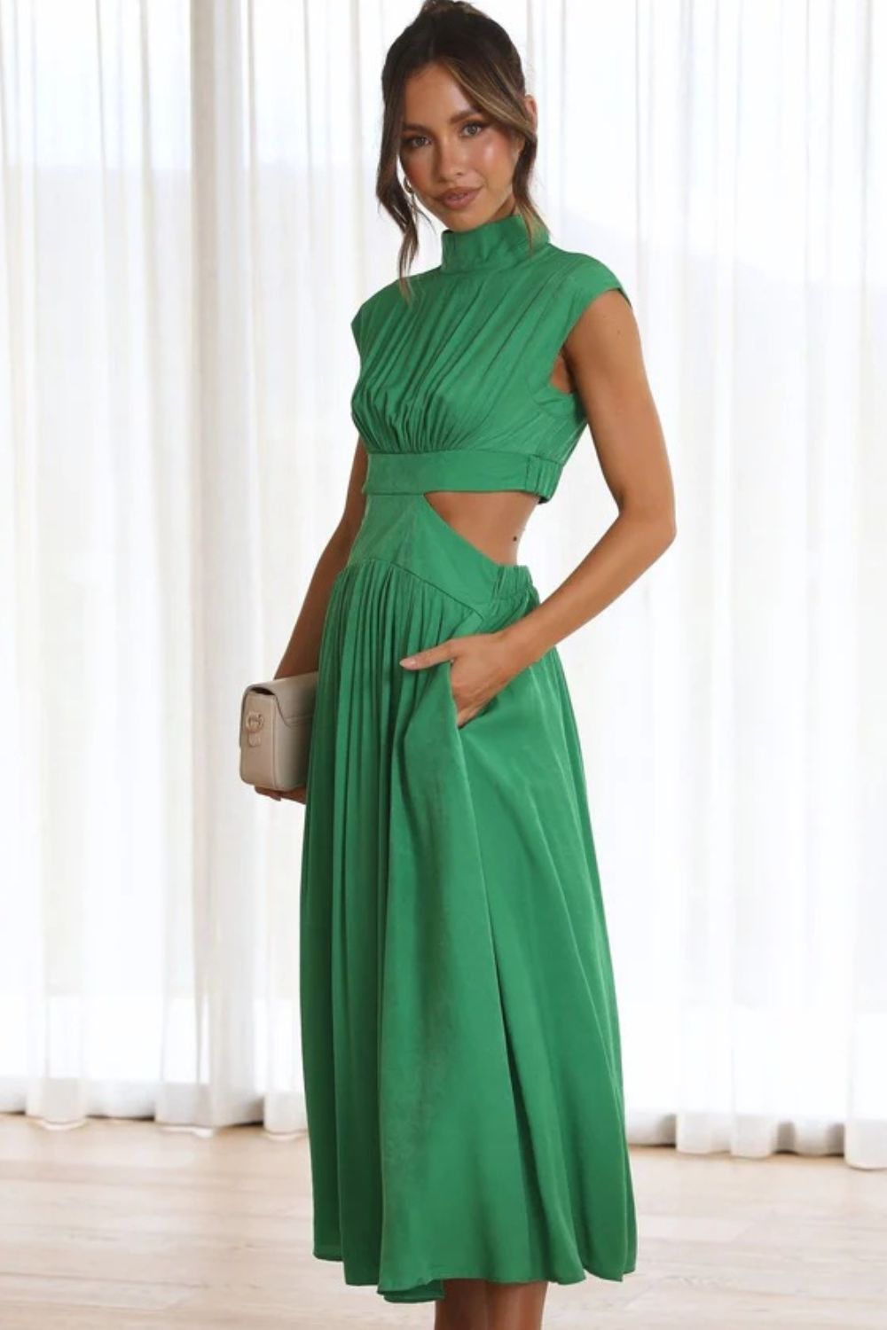 Cutout Mock Neck Sleeveless Ruched Dress-VMA Specialties Boutique