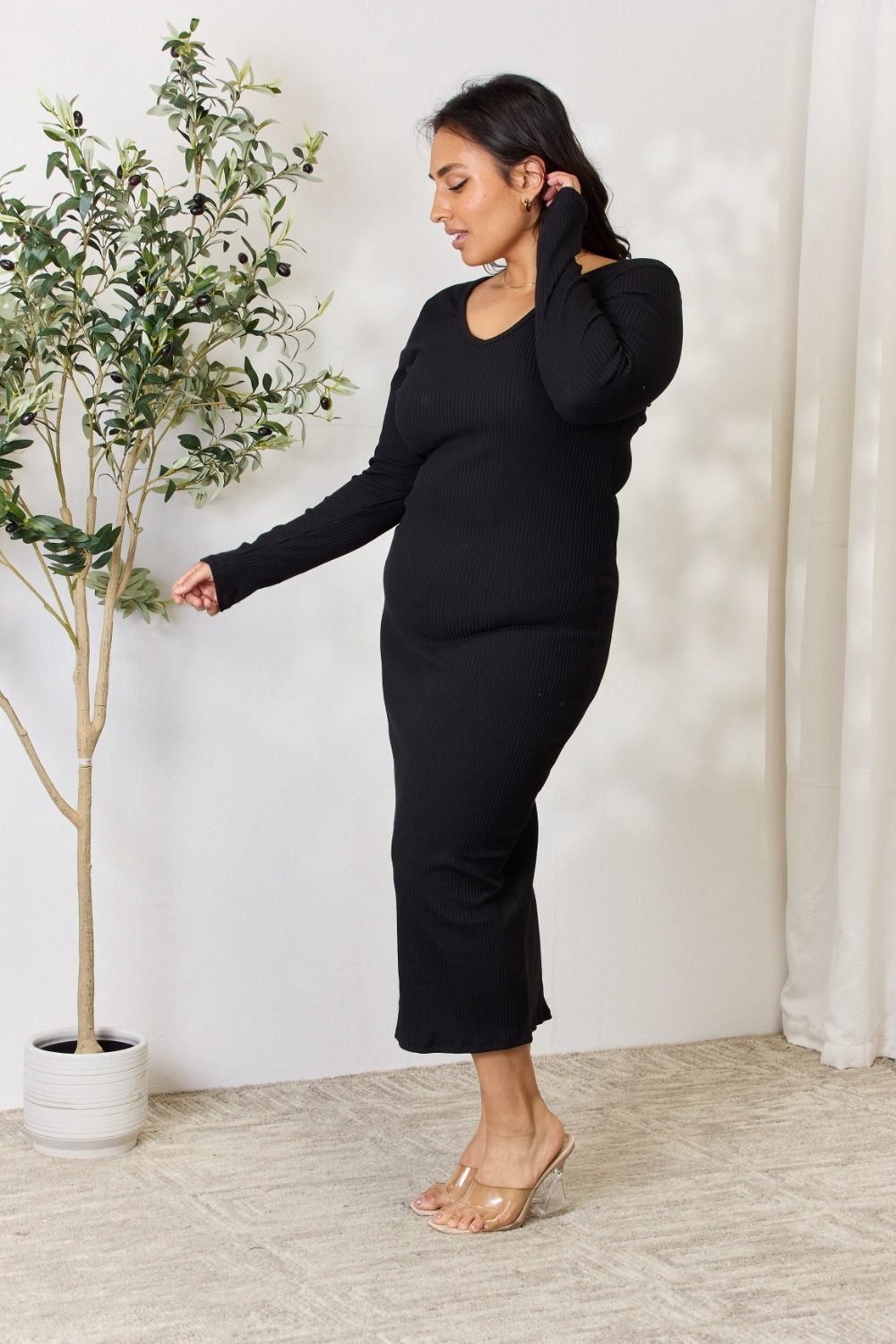 Culture Code Full Size Ribbed Long Sleeve Midi Slit Dress-VMA Specialties Boutique