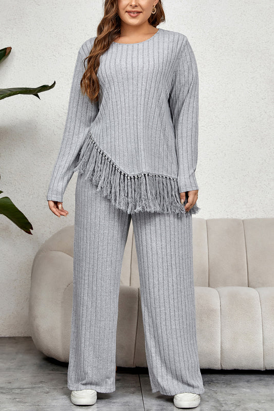 Plus Size Tassel Hem Top and Pants Set-VMA Specialties Boutique