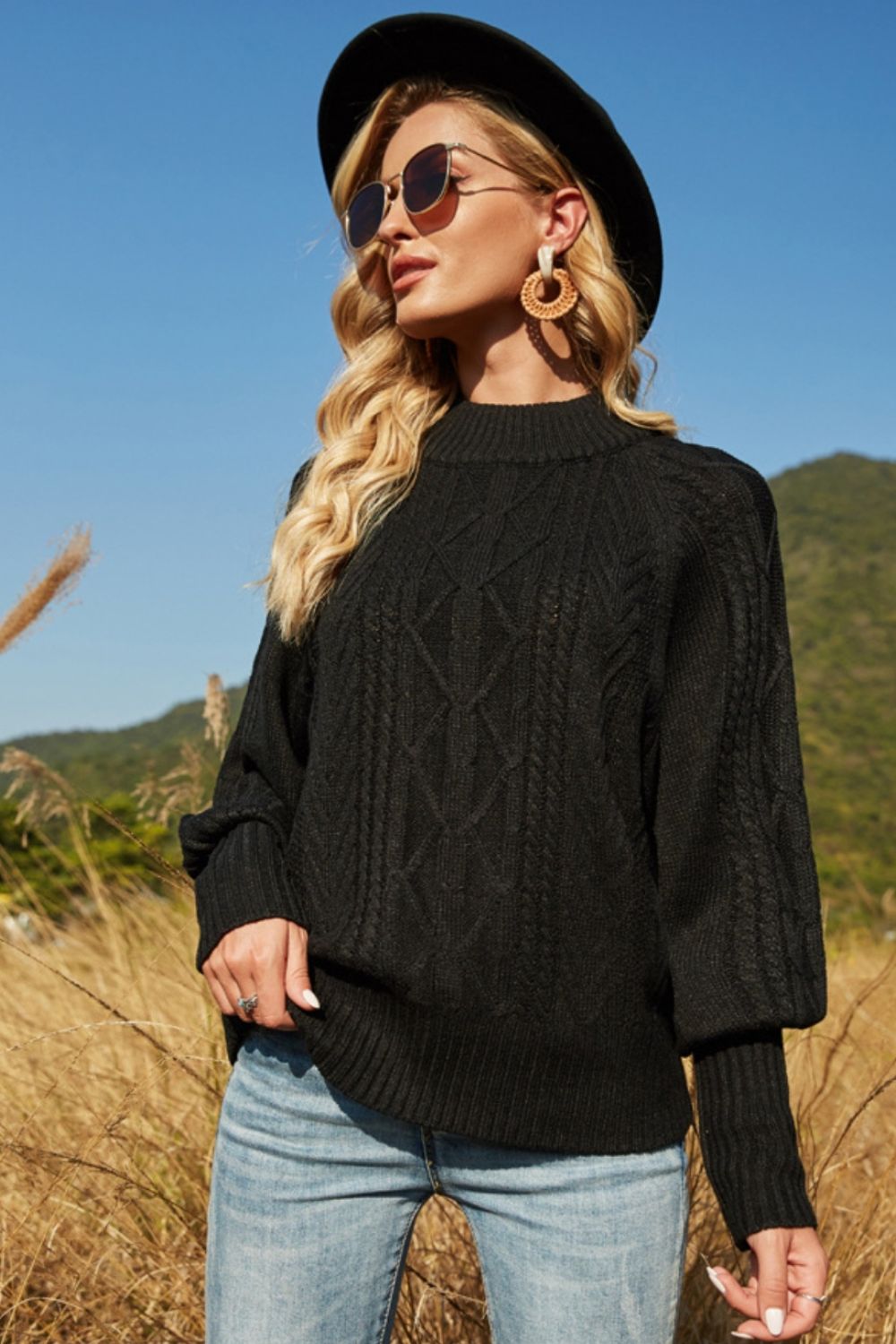 Ribbed Mock Neck Lantern Sleeve Sweater-VMA Specialties Boutique