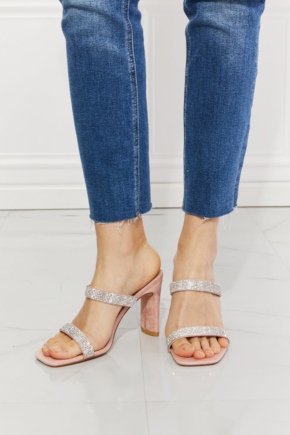  Rhinestone Block Heel Sandal in Pink