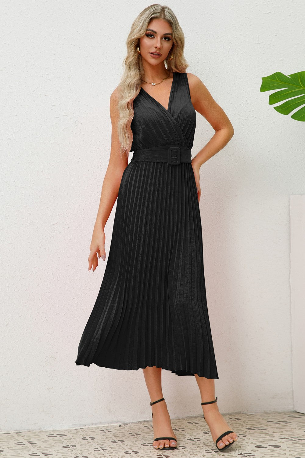 Surplice Sleeveless Midi Pleated Dress-VMA Specialties Boutique