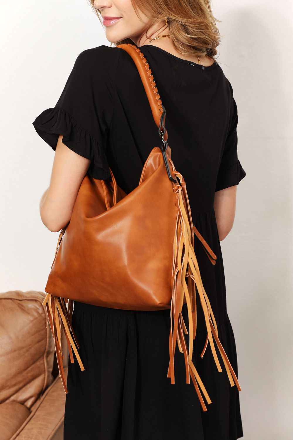 SHOMICO PU Leather Fringe Detail Shoulder Bag-VMA Specialties Boutique