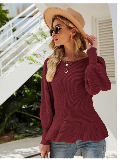 Ribbed Round Neck Lantern Sleeve Sweater-VMA Specialties Boutique