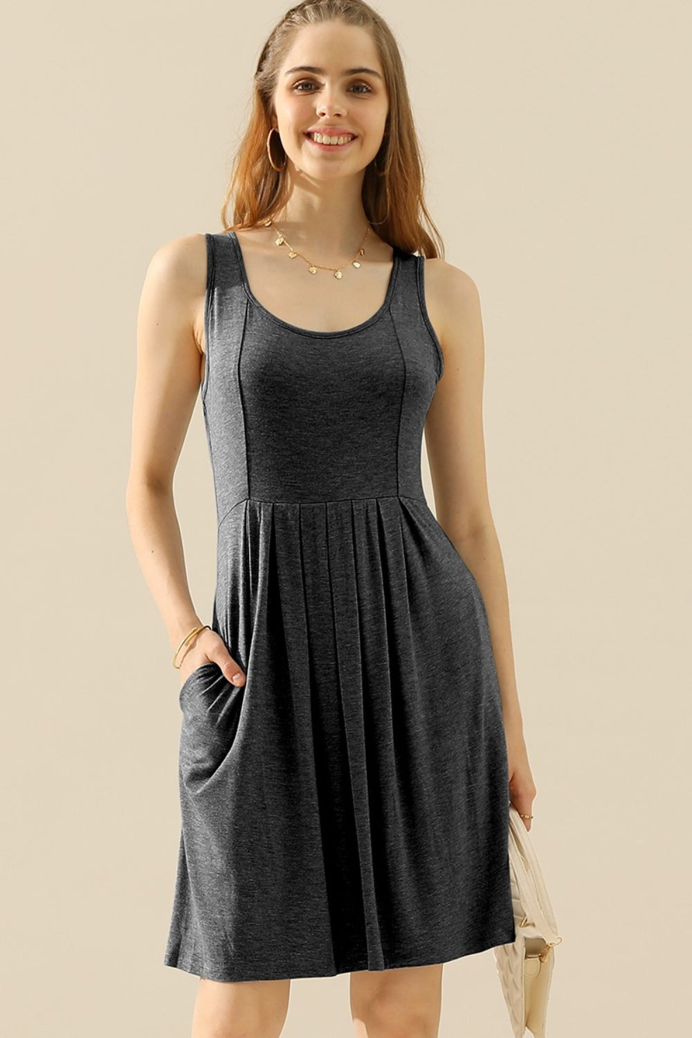 Doublju Full Size Round Neck Ruched Sleeveless Dress with Pockets-VMA Specialties Boutique