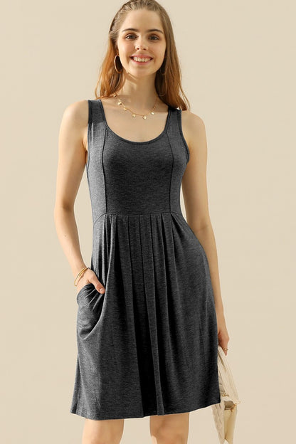 Doublju Full Size Round Neck Ruched Sleeveless Dress with Pockets-VMA Specialties Boutique