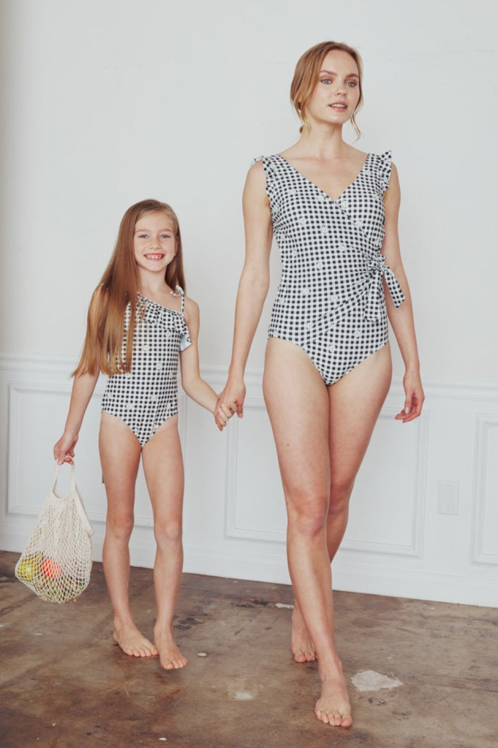 Ruffle Faux Wrap One-Piece in Black- Woman and Child 
