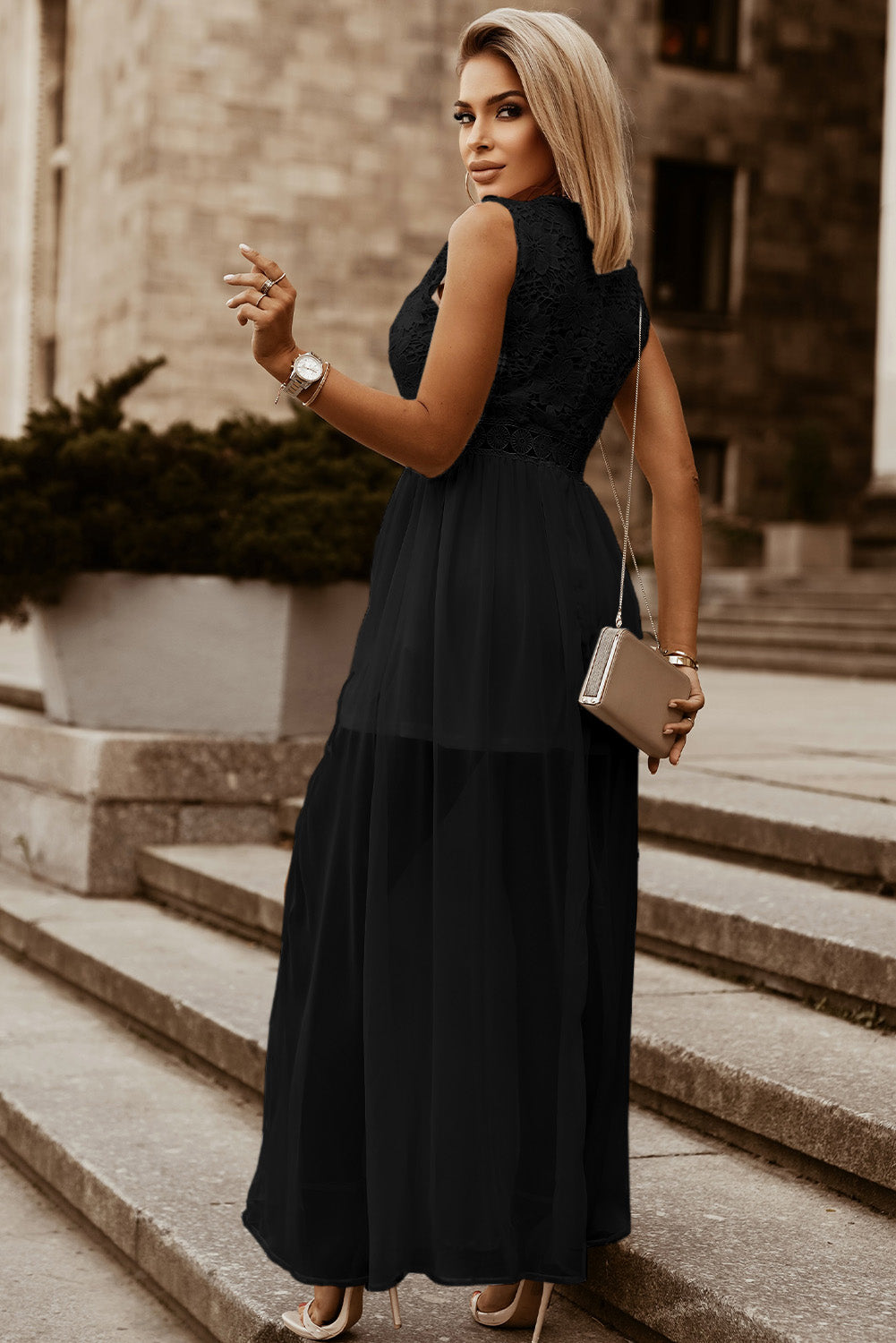 Slit Lace Detail V-Neck Dress-VMA Specialties Boutique