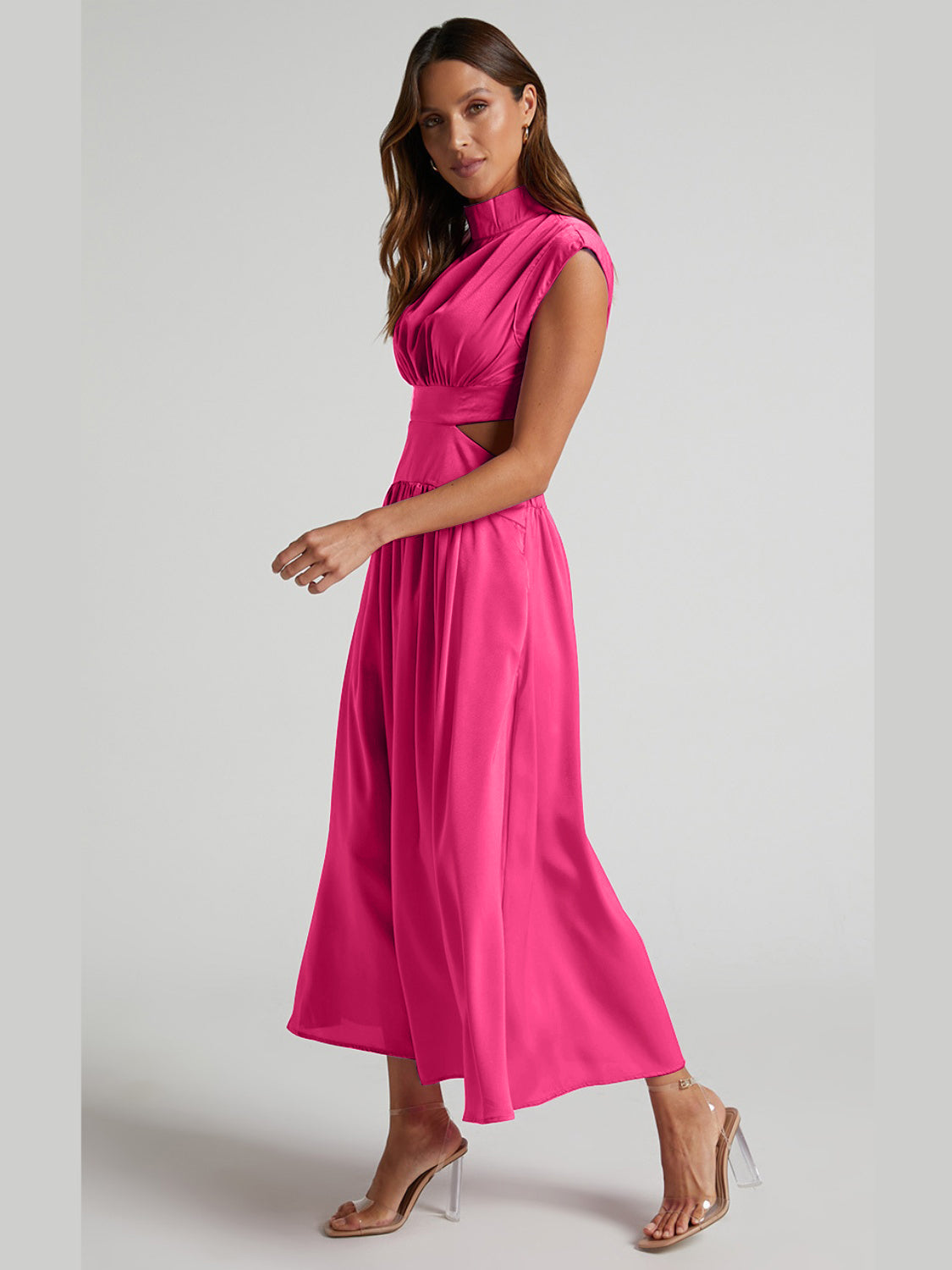 Cutout Mock Neck Sleeveless Ruched Dress-VMA Specialties Boutique