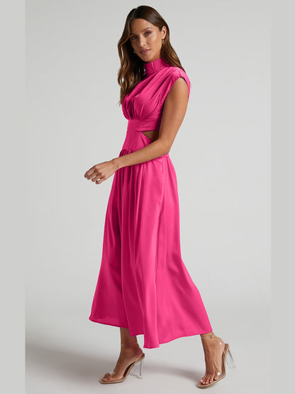 Cutout Mock Neck Sleeveless Ruched Dress-VMA Specialties Boutique