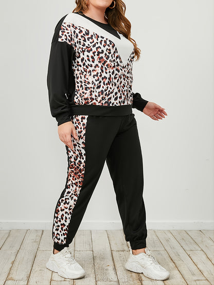 Plus Size Leopard Sweatshirt and Sweatpants Set-VMA Specialties Boutique