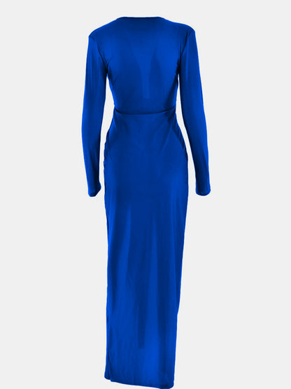 Ruched Slit Plunge Long Sleeve Dress-VMA Specialties Boutique