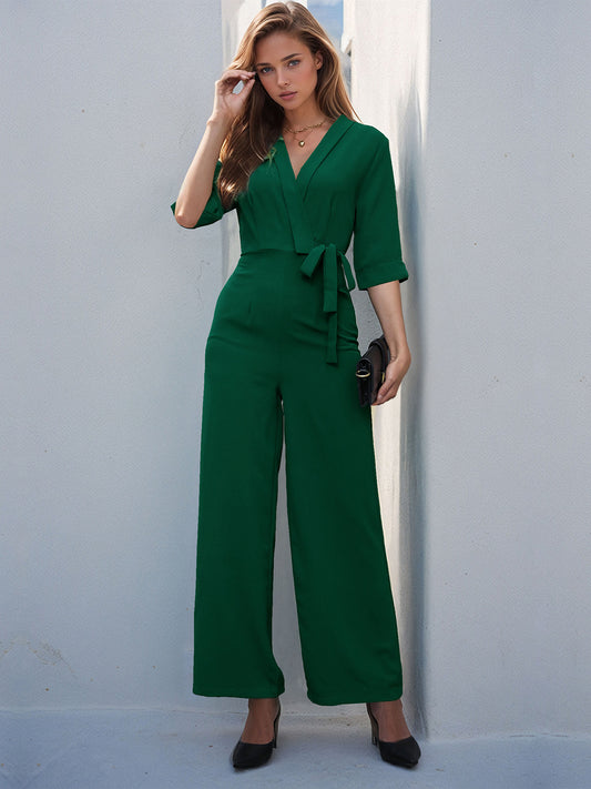 Surplice Half Sleeve Wide Leg Jumpsuit-VMA Specialties Boutique